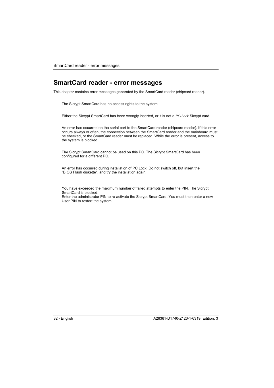 Smartcard reader - error messages | FUJITSU answers^2 D1740 User Manual | Page 42 / 43