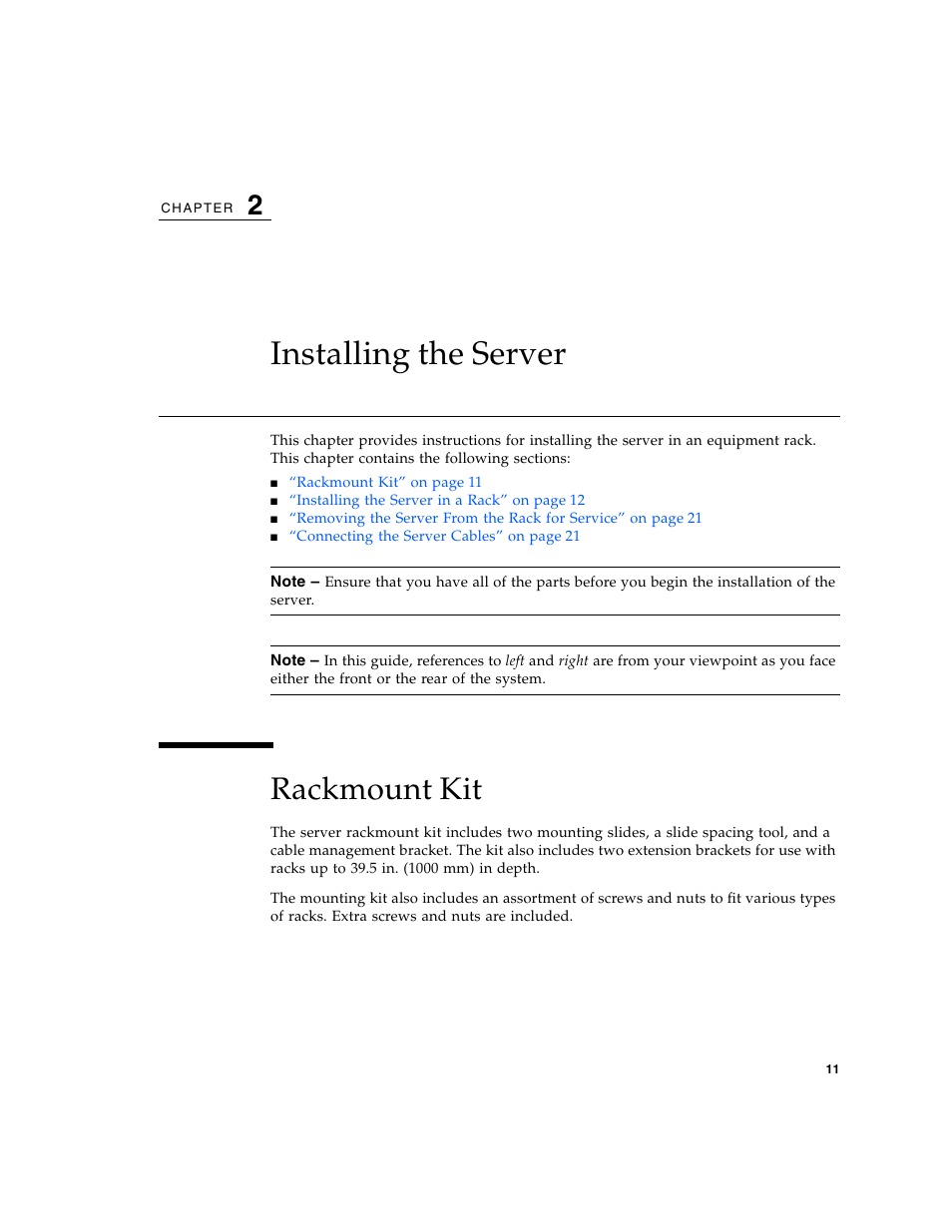 Installing the server, Rackmount kit, Chapter 2 | FUJITSU T1000 User Manual | Page 37 / 84