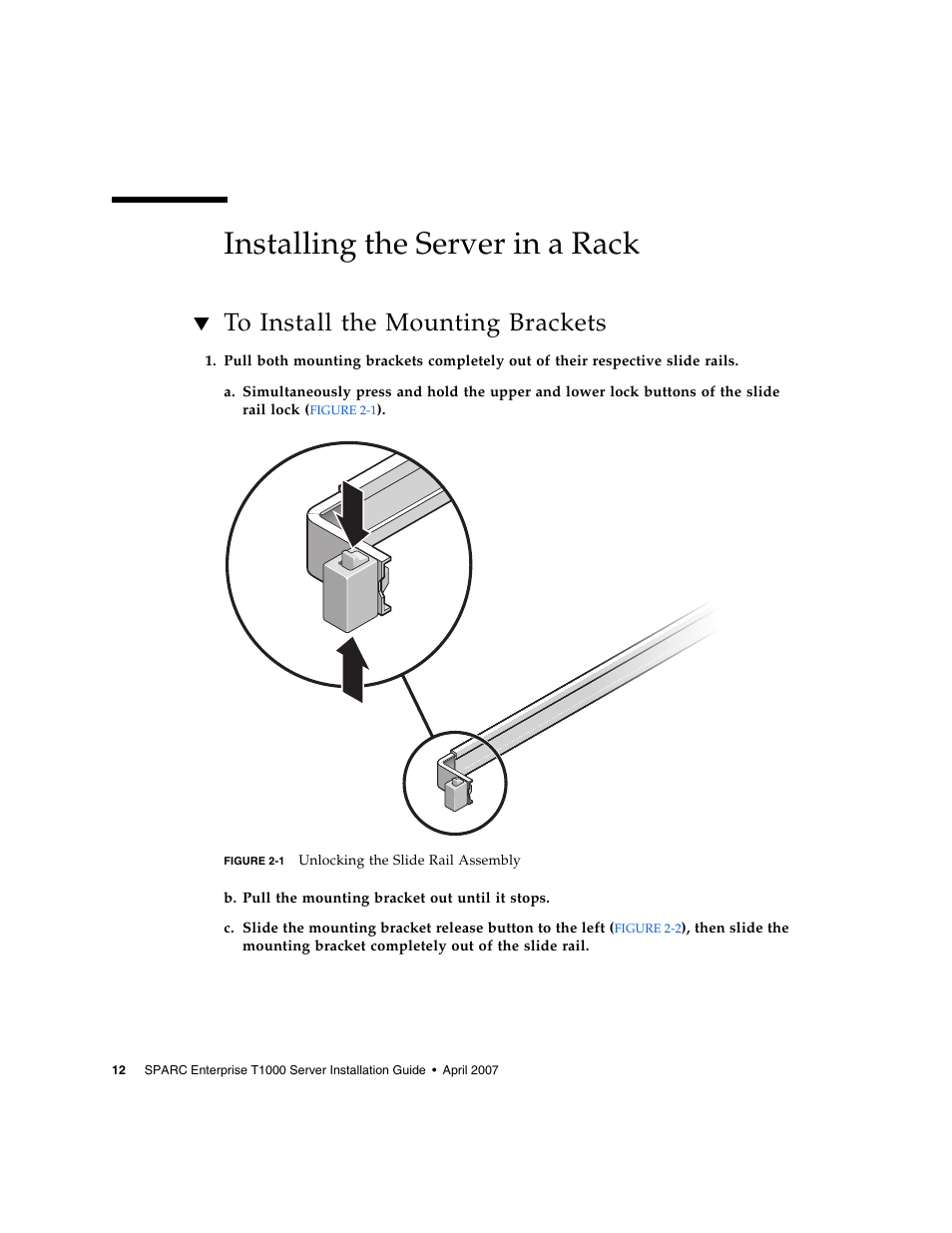 Installing the server in a rack, To install the mounting brackets, Figure 2-1 | FUJITSU T1000 User Manual | Page 38 / 84