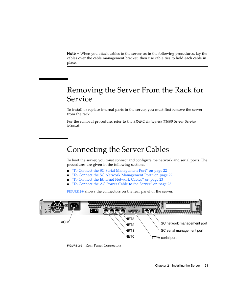 Removing the server from the rack for service, Connecting the server cables, Figure 2-9 | FUJITSU T1000 User Manual | Page 47 / 84