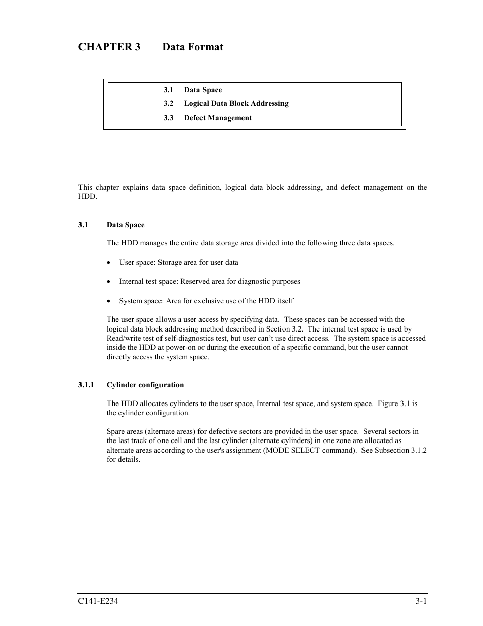 Chapter 3 data format, 1 data space, 1 cylinder configuration | FUJITSU MAX3073FC User Manual | Page 39 / 112