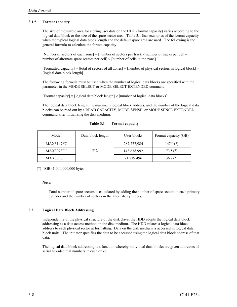 5 format capacity, 2 logical data block addressing | FUJITSU MAX3073FC User Manual | Page 46 / 112