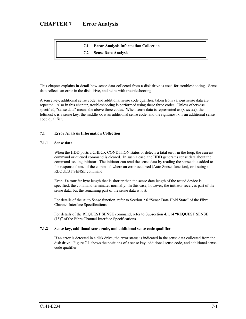 Chapter 7 error analysis, 1 error analysis information collection, 1 sense data | FUJITSU MAX3073FC User Manual | Page 95 / 112