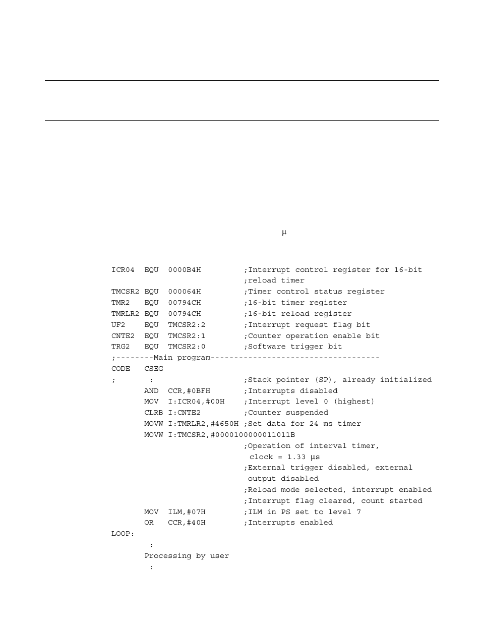 7 sample program of 16-bit reload timer, Sample program of 16-bit reload timer | FUJITSU F2MCTM-16LX User Manual | Page 279 / 682