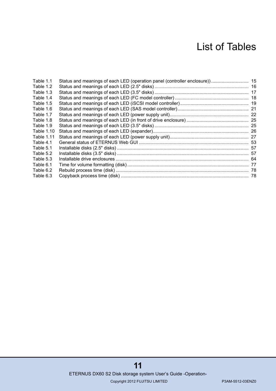 List of tables | FUJITSU Disk Storage System DX60 User Manual | Page 11 / 122