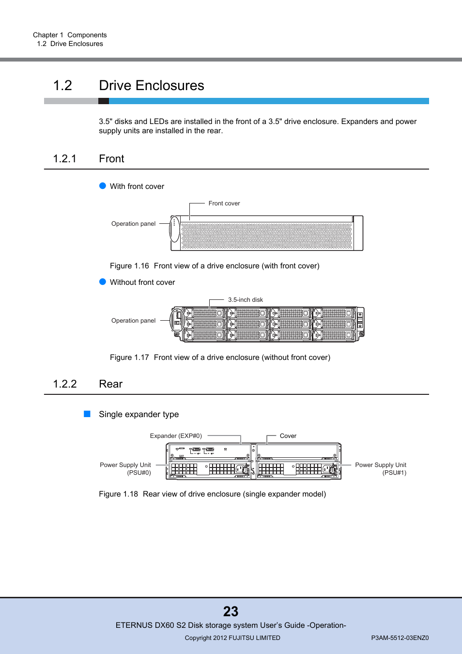 2 drive enclosures, 1 front, 2 rear | Drive enclosures, Front, Rear | FUJITSU Disk Storage System DX60 User Manual | Page 23 / 122