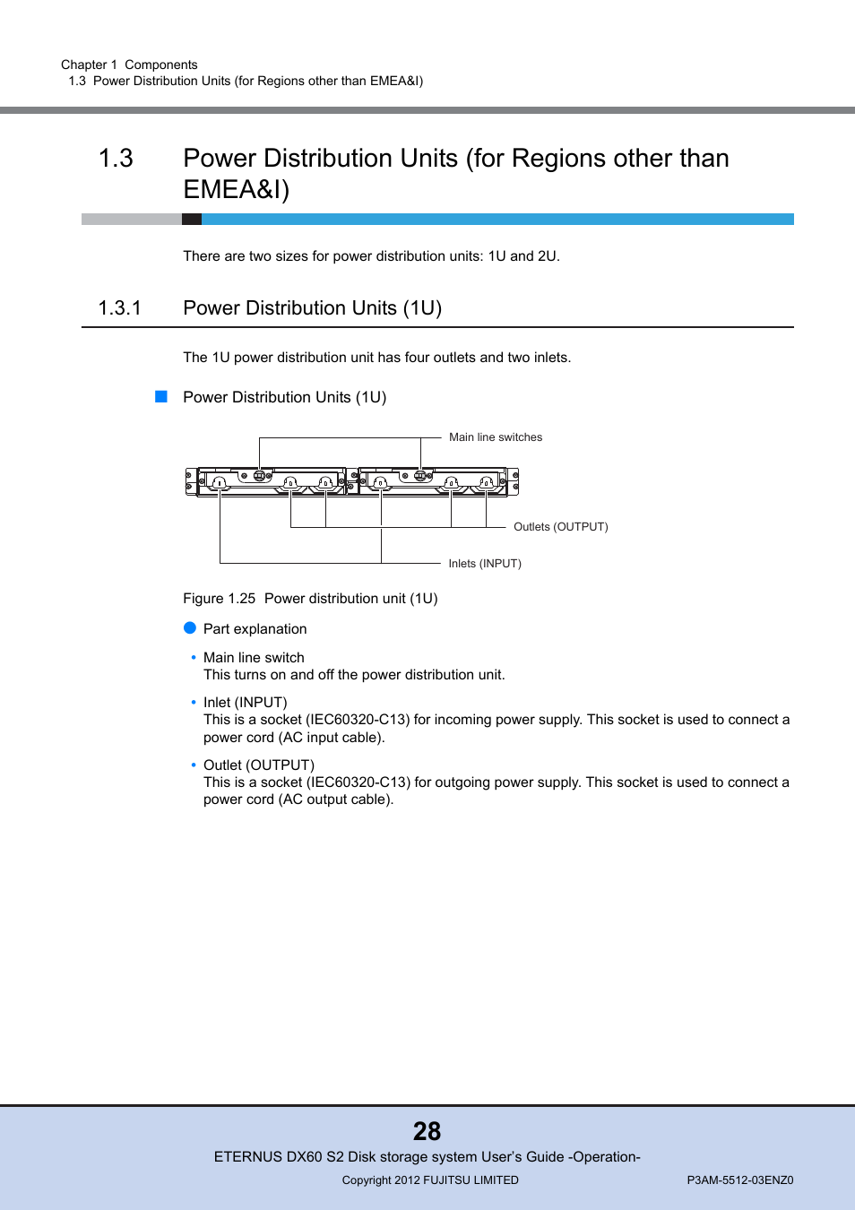 1 power distribution units (1u), Power distribution units (1u), Figure 1.25 power distribution unit (1u) | FUJITSU Disk Storage System DX60 User Manual | Page 28 / 122