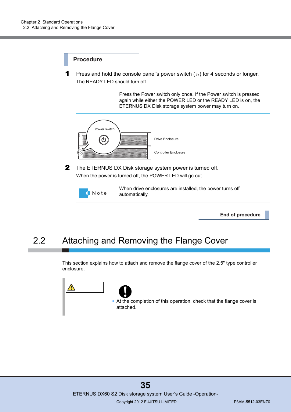 2 attaching and removing the flange cover, Attaching and removing the flange cover | FUJITSU Disk Storage System DX60 User Manual | Page 35 / 122