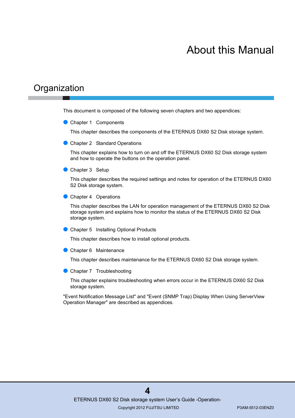 About this manual, Organization | FUJITSU Disk Storage System DX60 User Manual | Page 4 / 122