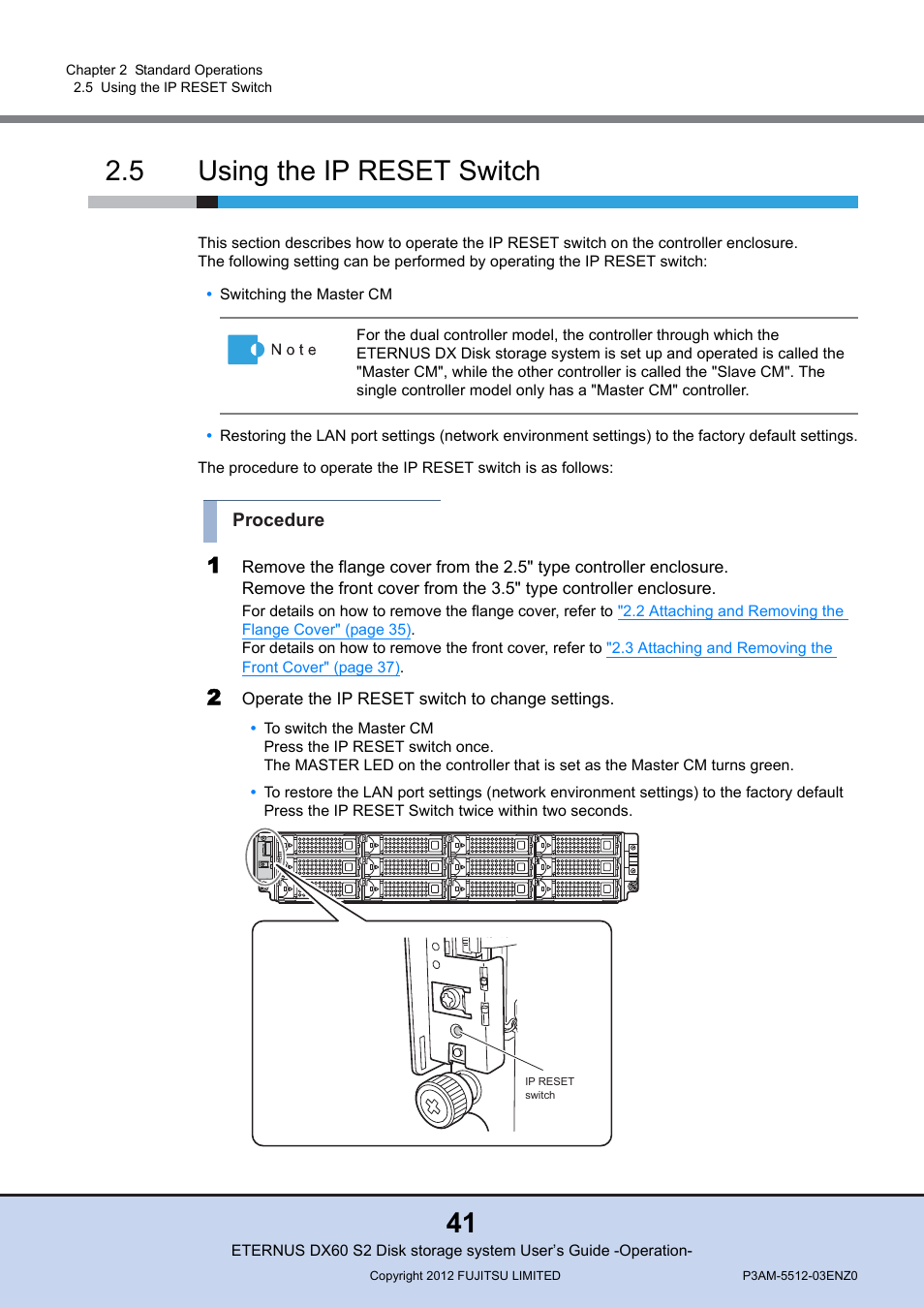 5 using the ip reset switch, Using the ip reset switch | FUJITSU Disk Storage System DX60 User Manual | Page 41 / 122
