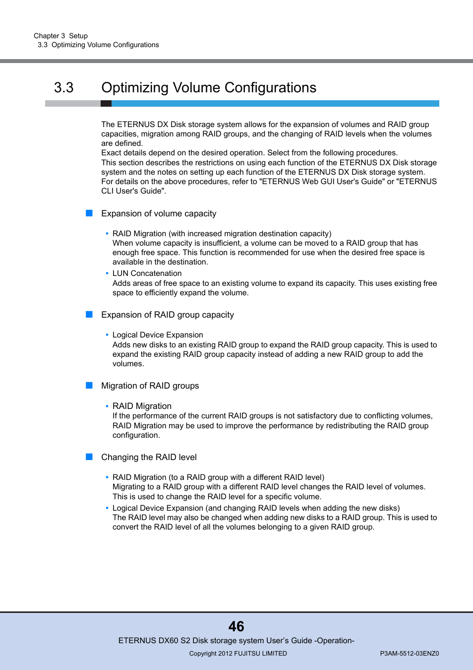 3 optimizing volume configurations, Optimizing volume configurations | FUJITSU Disk Storage System DX60 User Manual | Page 46 / 122