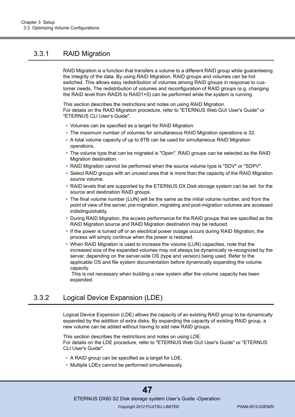 1 raid migration, 2 logical device expansion (lde), Raid migration | Logical device expansion (lde) | FUJITSU Disk Storage System DX60 User Manual | Page 47 / 122