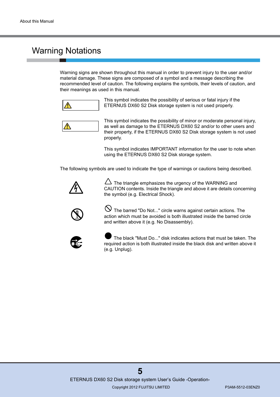 Warning notations | FUJITSU Disk Storage System DX60 User Manual | Page 5 / 122