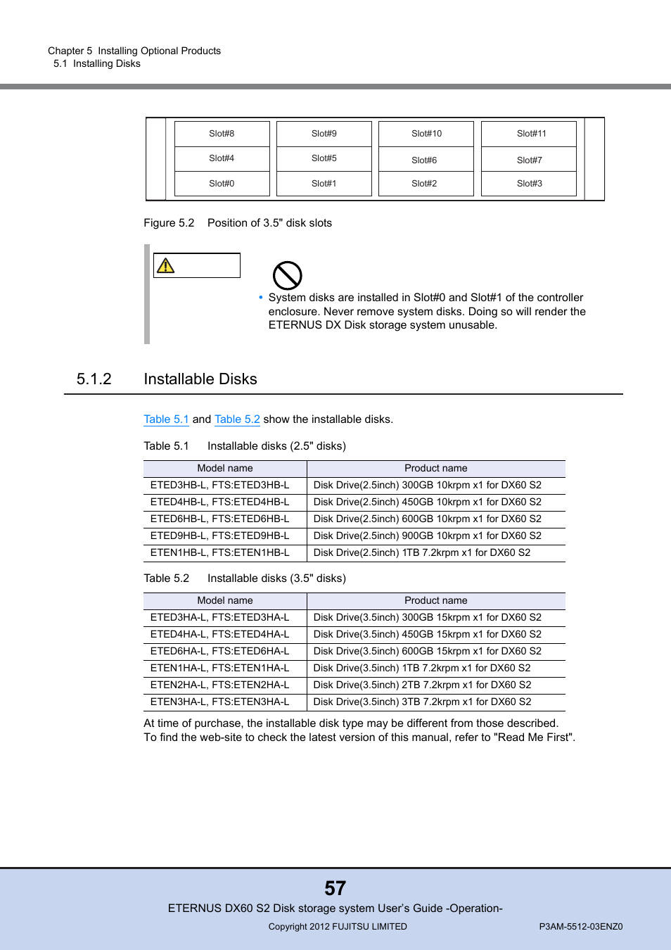 2 installable disks, Installable disks, Figure 5.2 | Position of 3.5" disk slots, Table 5.1, Installable disks (2.5" disks), Table 5.2, Installable disks (3.5" disks), Shows th | FUJITSU Disk Storage System DX60 User Manual | Page 57 / 122