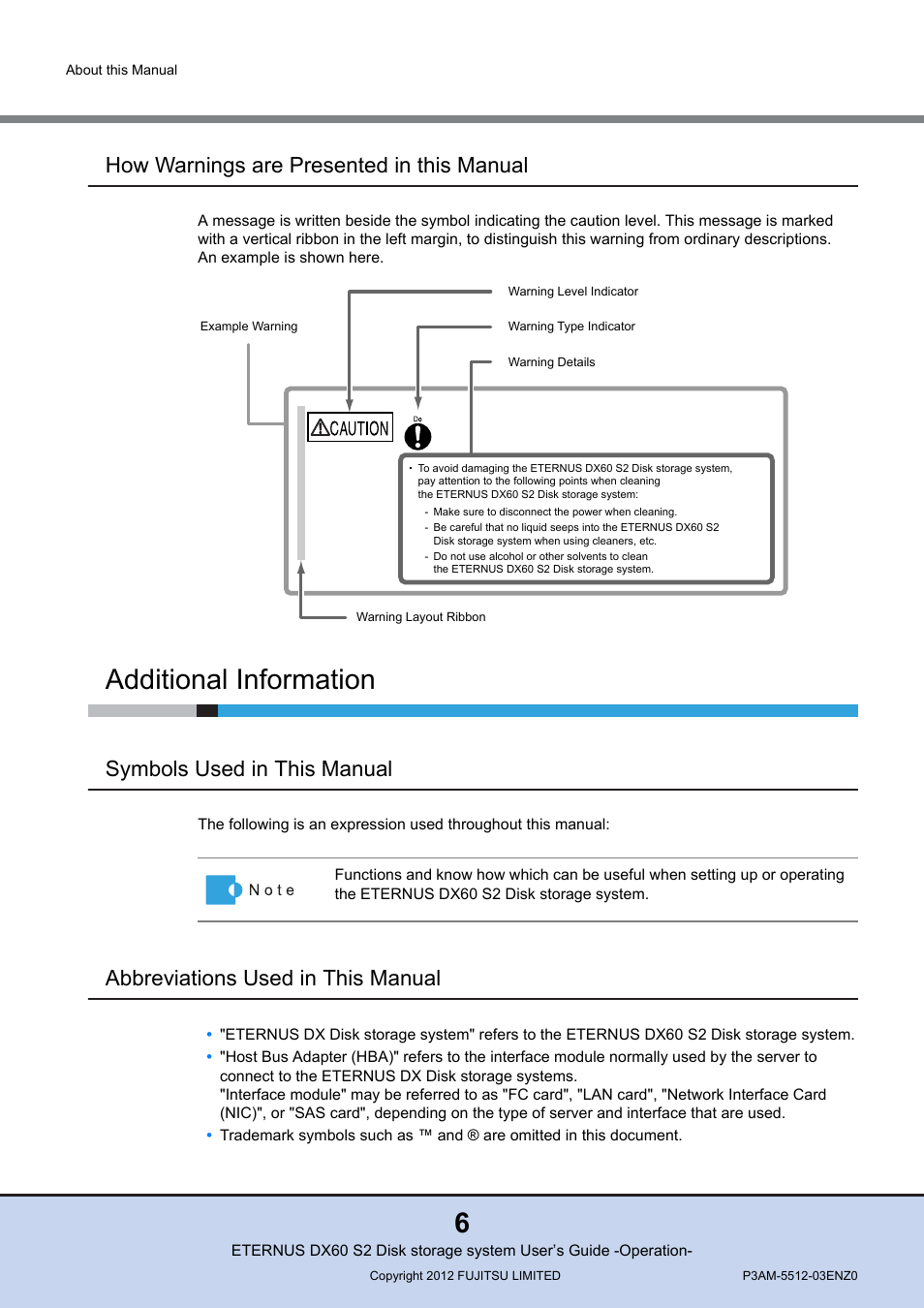 Additional information, How warnings are presented in this manual, Symbols used in this manual | Abbreviations used in this manual | FUJITSU Disk Storage System DX60 User Manual | Page 6 / 122