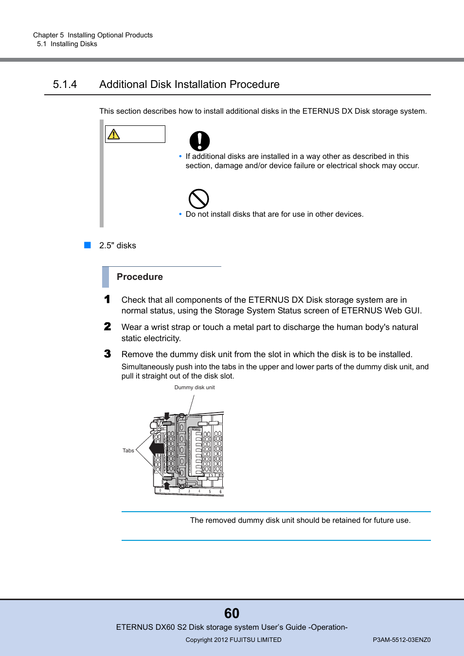 4 additional disk installation procedure, Additional disk installation procedure | FUJITSU Disk Storage System DX60 User Manual | Page 60 / 122
