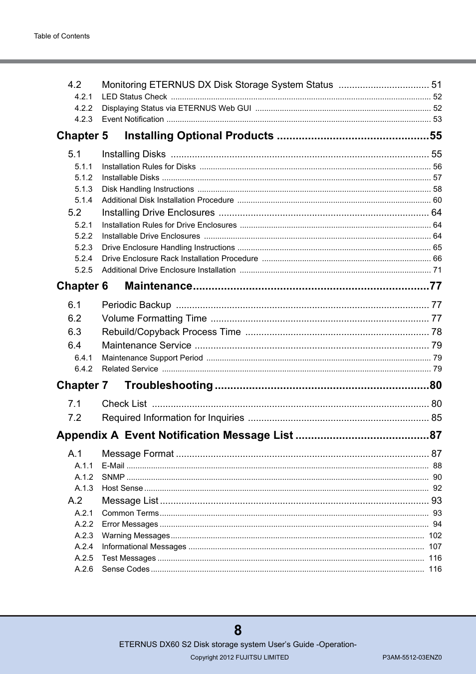 Chapter 5 installing optional products, Chapter 6 maintenance, Chapter 7 troubleshooting | Appendix a event notification message list | FUJITSU Disk Storage System DX60 User Manual | Page 8 / 122