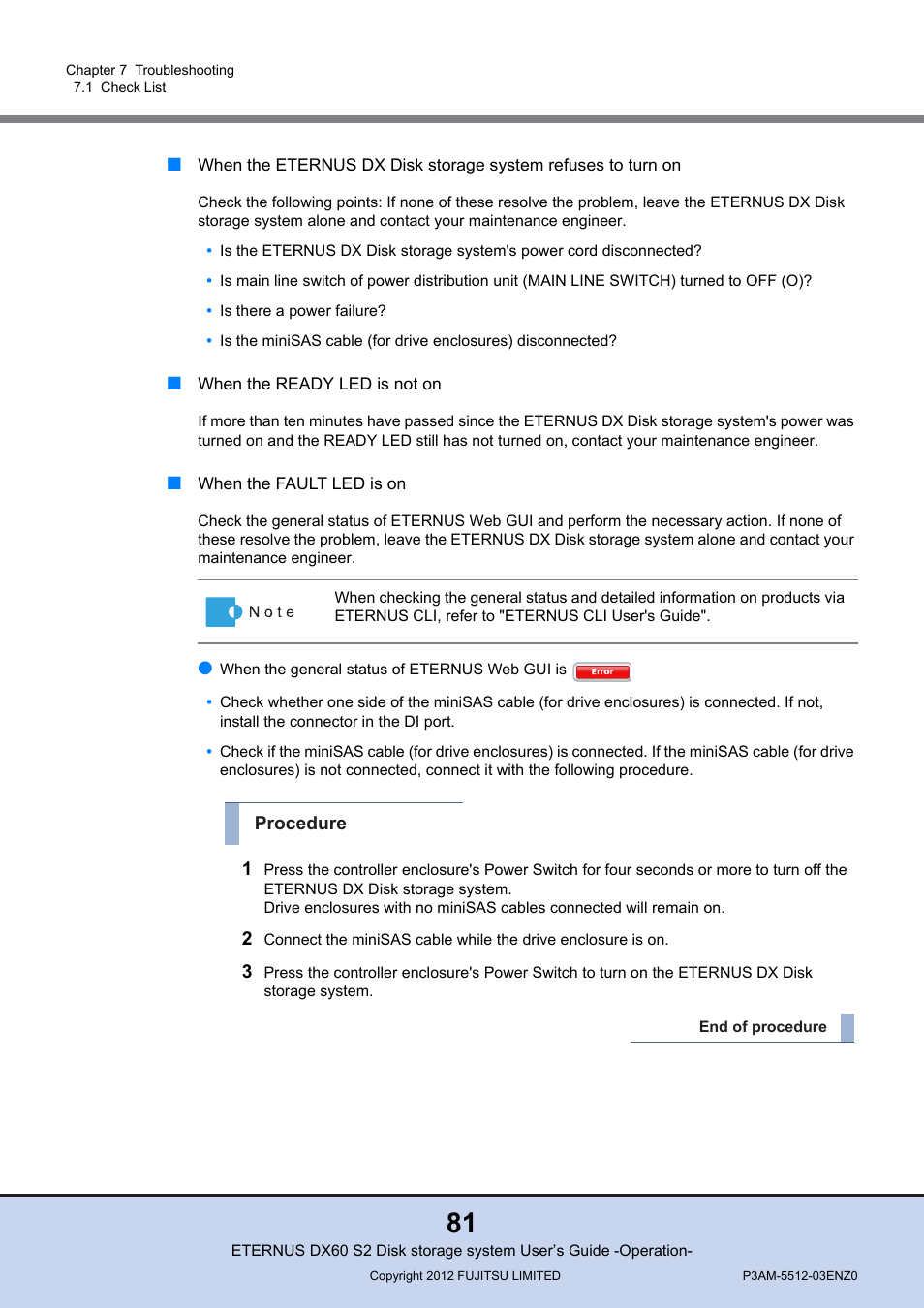 When the ready led is not on, When the fault led is on | FUJITSU Disk Storage System DX60 User Manual | Page 81 / 122