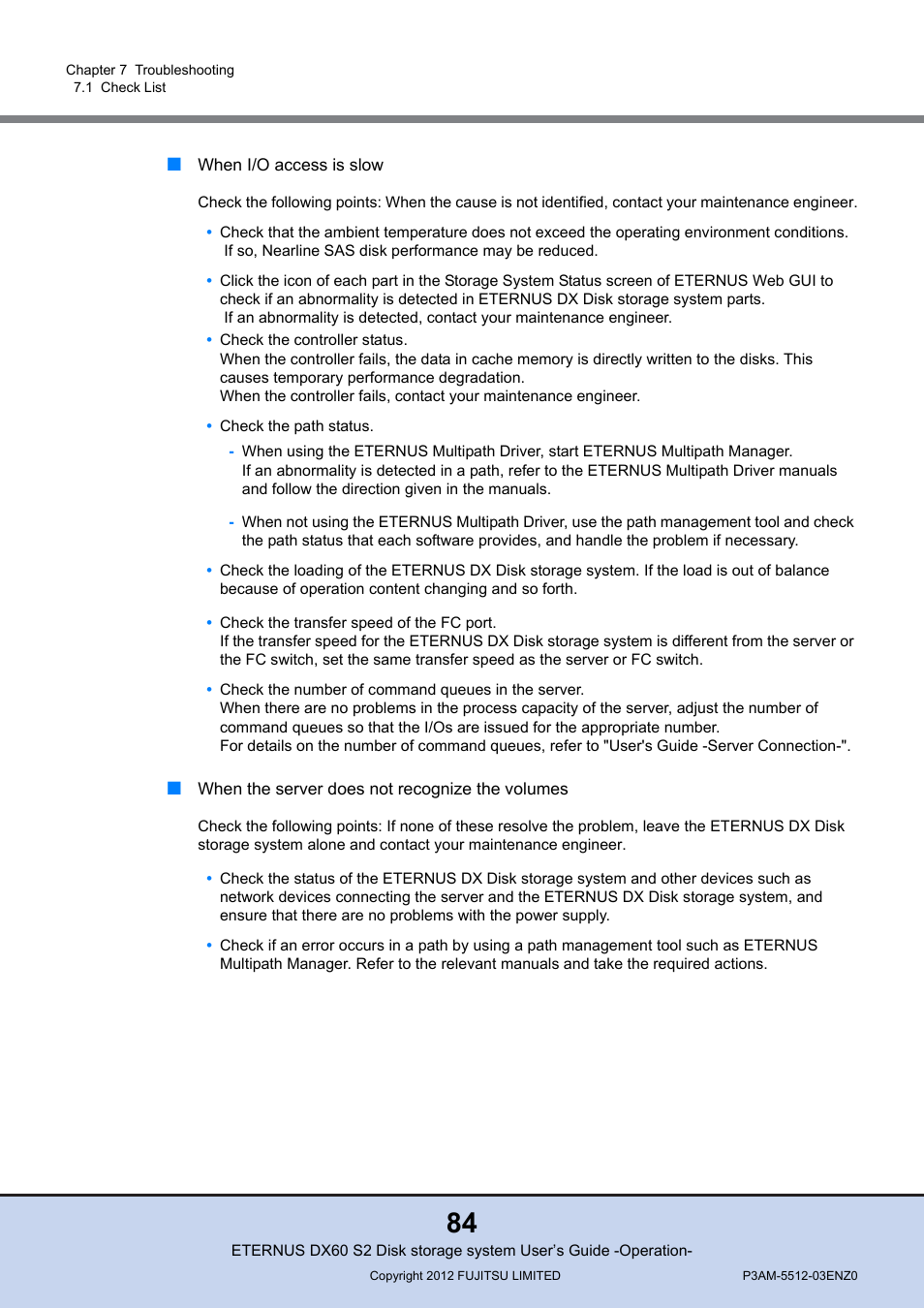 When i/o access is slow, When the server does not recognize the volumes | FUJITSU Disk Storage System DX60 User Manual | Page 84 / 122