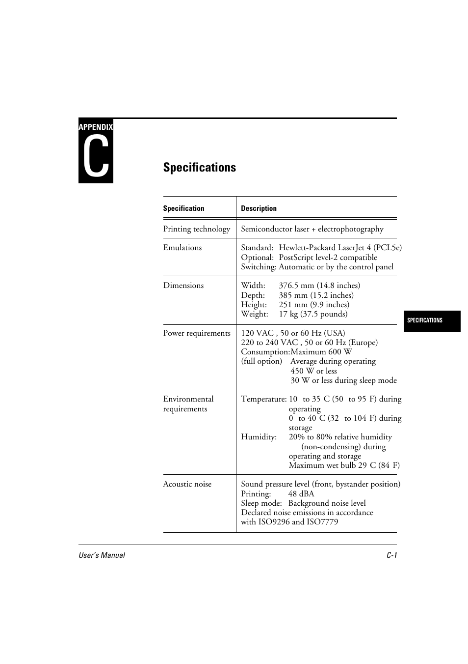 Appendix c, Specifications | FUJITSU 10 ppm User Manual | Page 130 / 146