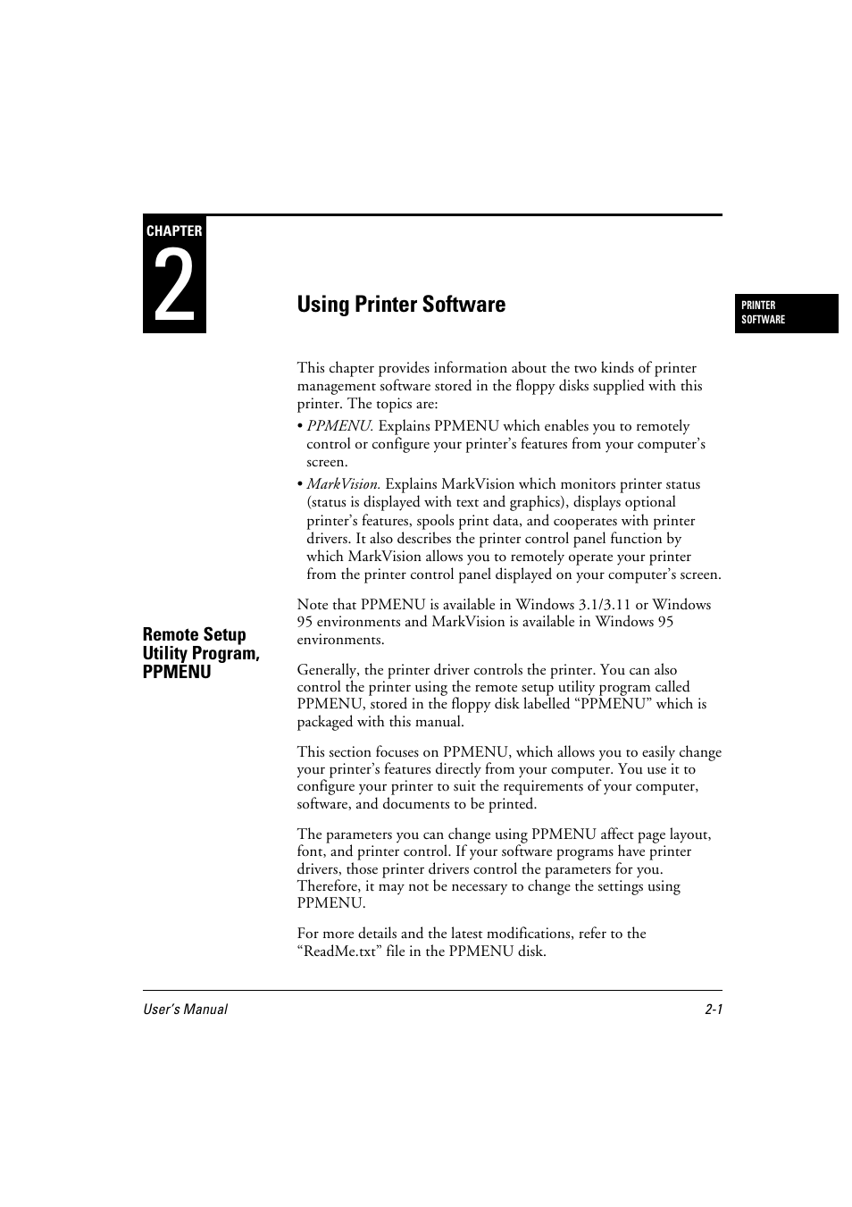 Chapter 2, Installing ppmenu –2 factory defaults –4, Installing markvision –6 menu bar functions –7 | FUJITSU 10 ppm User Manual | Page 38 / 146