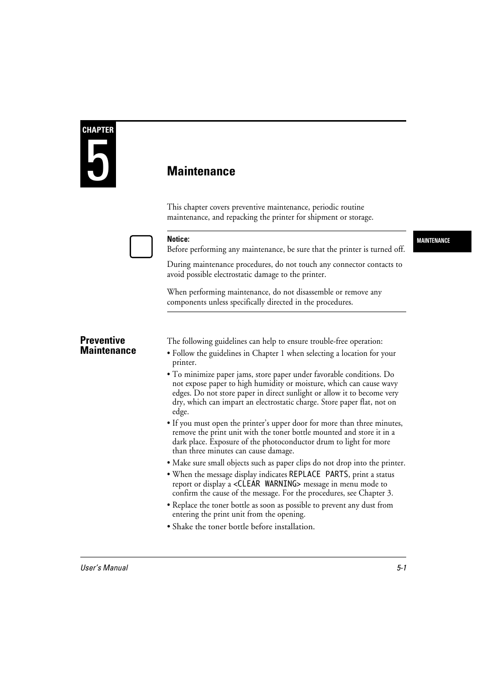 Chapter 5, Cleaning the precharger wire –15, Repacking the printer –16 | Maintenance | FUJITSU 10 ppm User Manual | Page 94 / 146