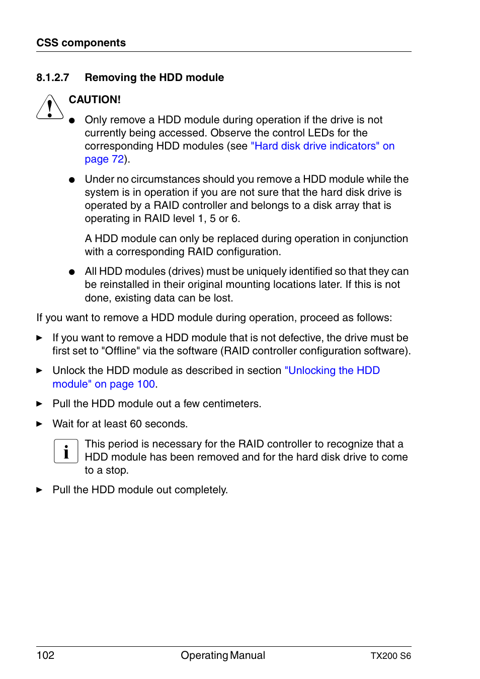 Removing the hdd module | FUJITSU Server TX200 S6 User Manual | Page 102 / 126