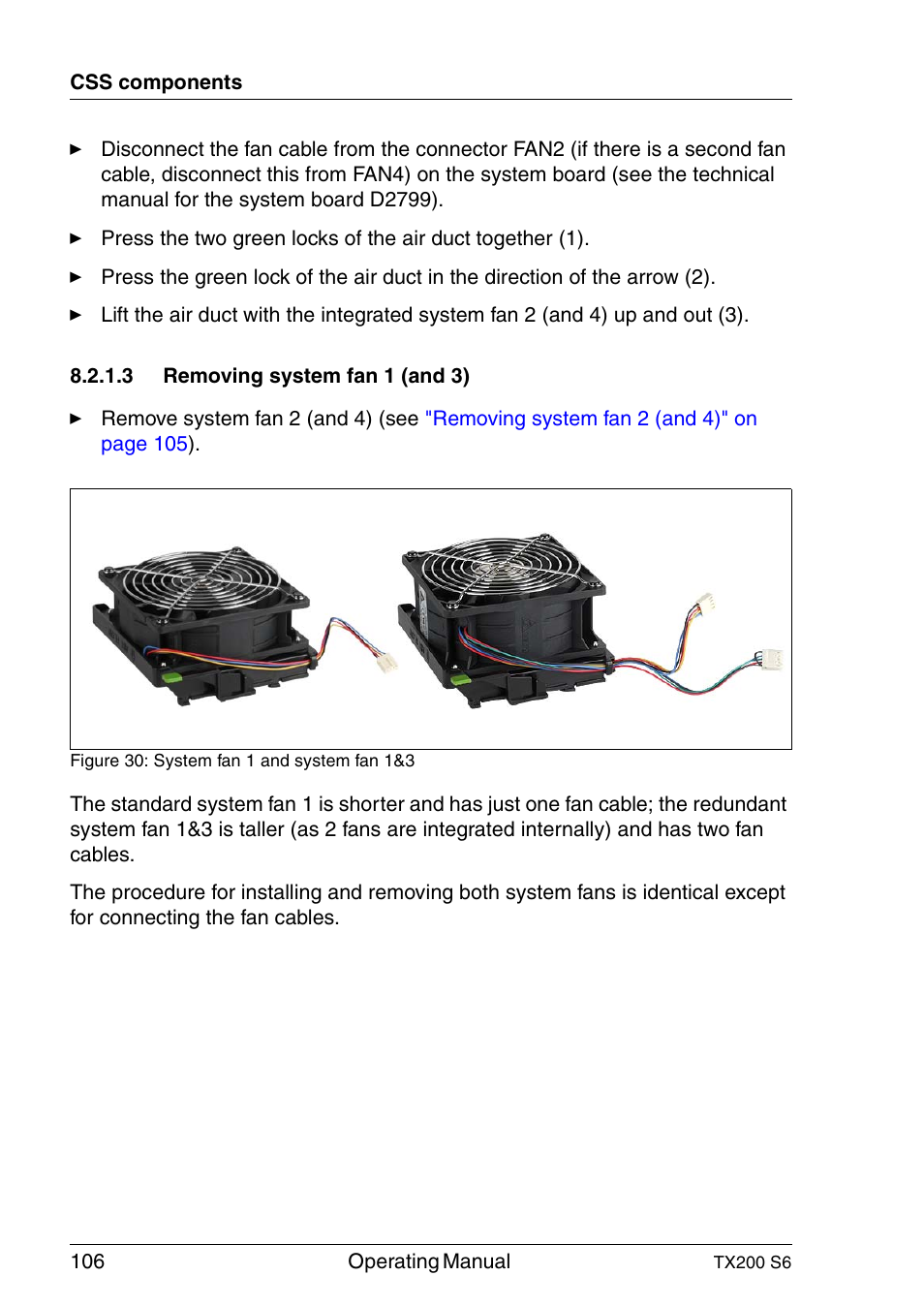 Removing system fan 1 (and 3) | FUJITSU Server TX200 S6 User Manual | Page 106 / 126
