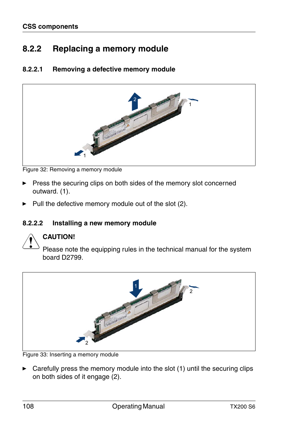 Replacing a memory module, Removing a defective memory module, Installing a new memory module | FUJITSU Server TX200 S6 User Manual | Page 108 / 126