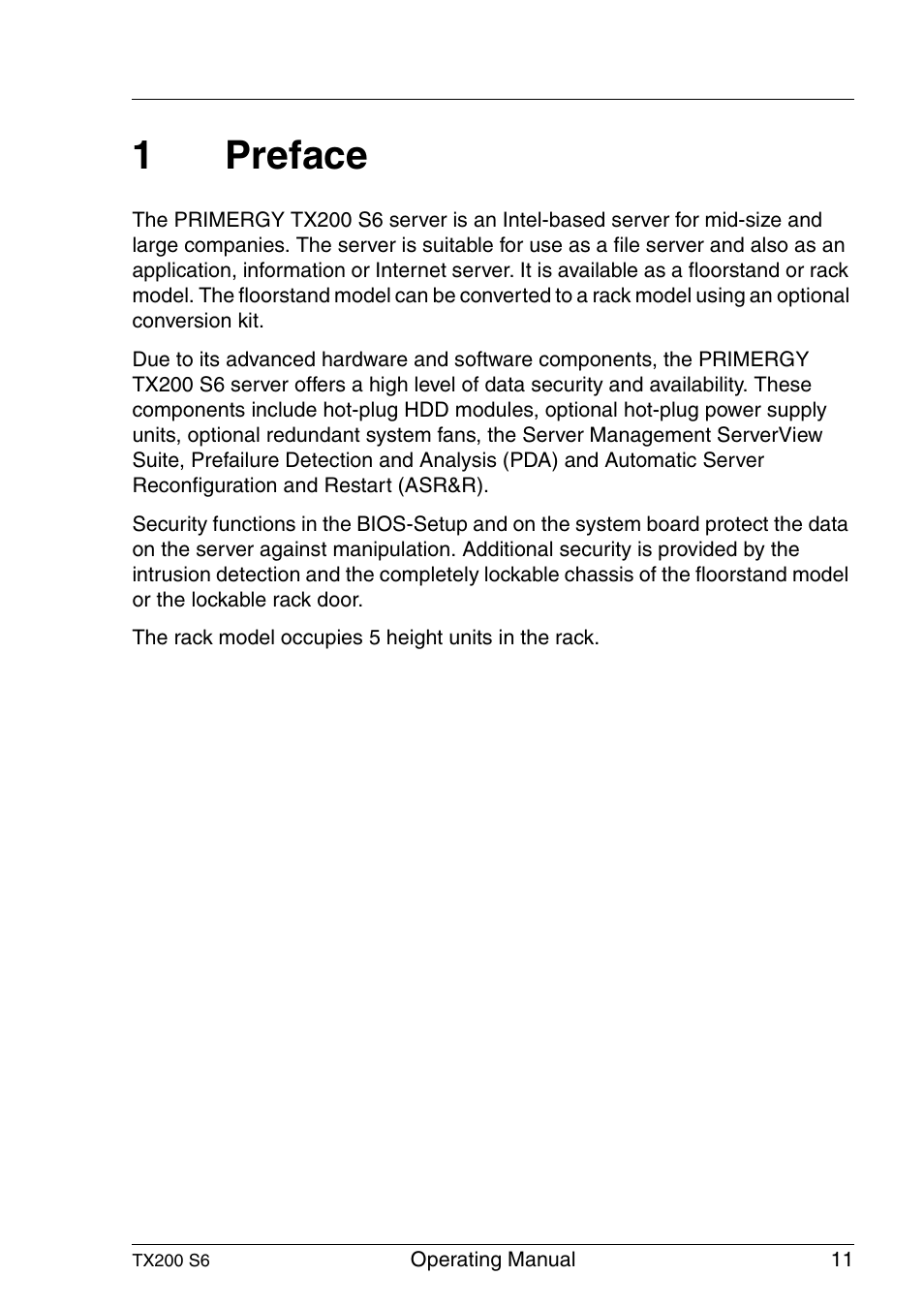Preface, 1preface | FUJITSU Server TX200 S6 User Manual | Page 11 / 126