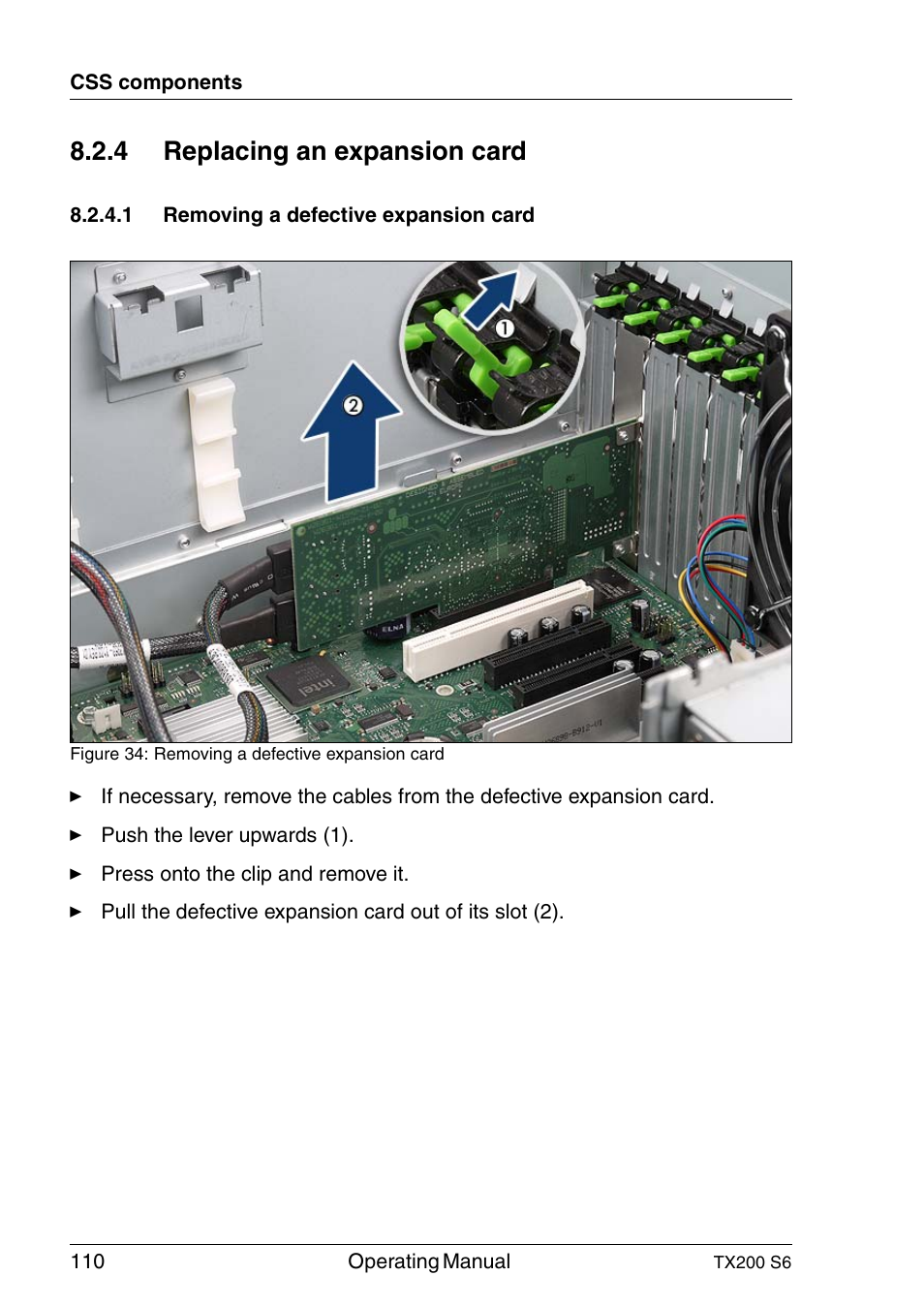 Replacing an expansion card, Removing a defective expansion card, 4 replacing an expansion card | FUJITSU Server TX200 S6 User Manual | Page 110 / 126
