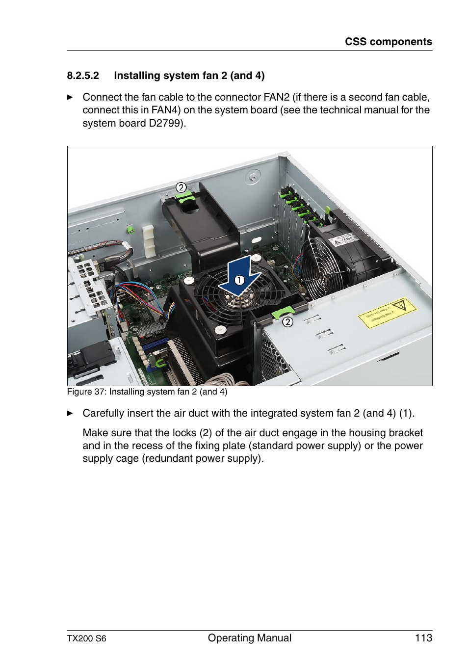 Installing system fan 2 (and 4), Installing system fan 2 (and 4)" on | FUJITSU Server TX200 S6 User Manual | Page 113 / 126