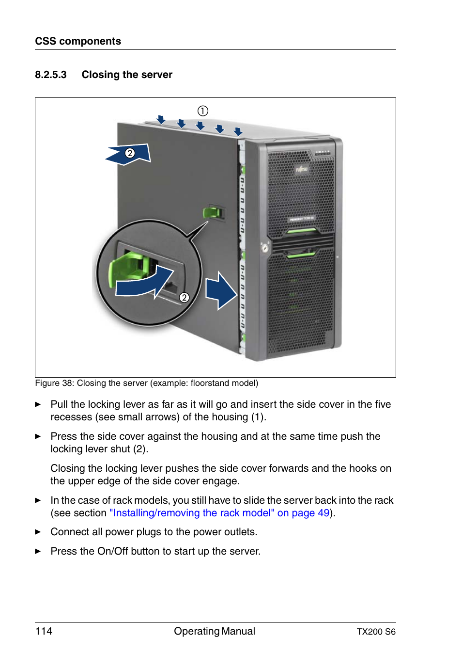 Closing the server | FUJITSU Server TX200 S6 User Manual | Page 114 / 126