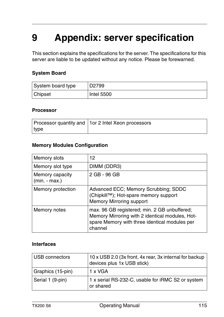 Appendix: server specification, 9appendix: server specification | FUJITSU Server TX200 S6 User Manual | Page 115 / 126