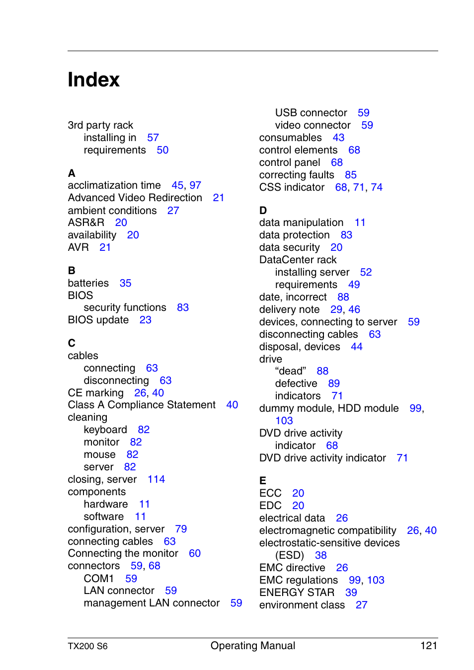 Index | FUJITSU Server TX200 S6 User Manual | Page 121 / 126