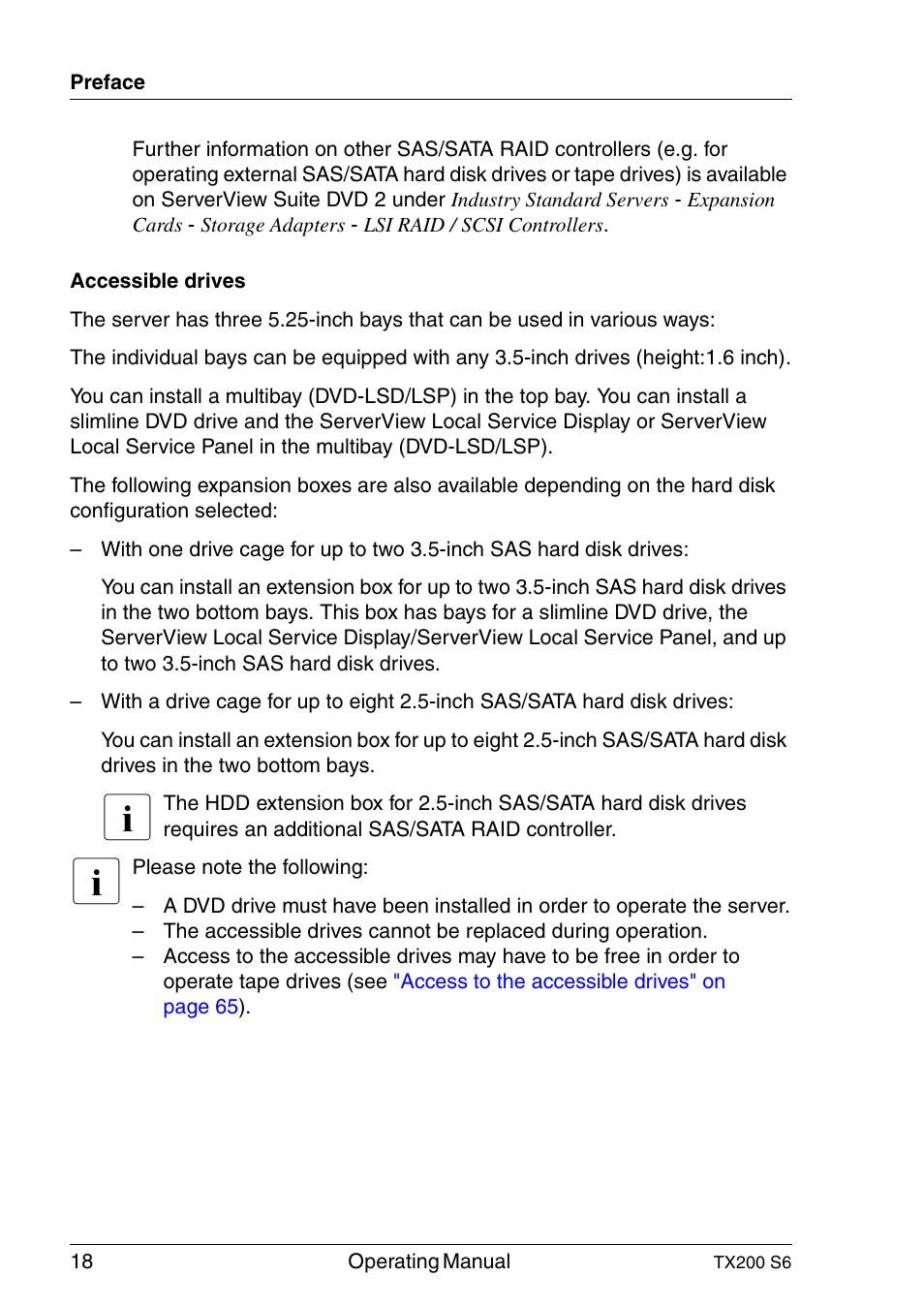 Accessible drives" on | FUJITSU Server TX200 S6 User Manual | Page 18 / 126