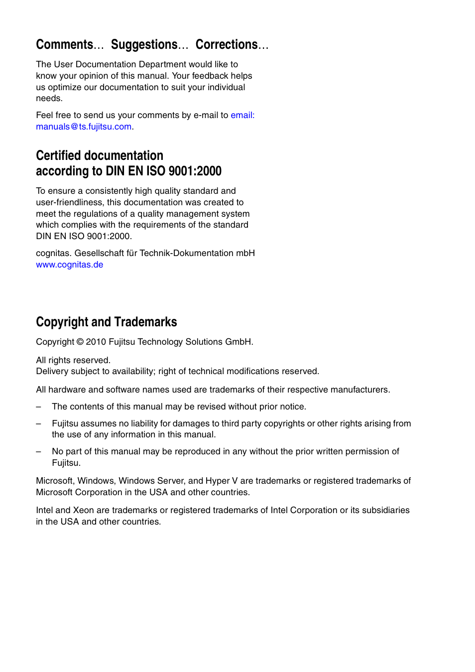 Comments … suggestions … corrections, Copyright and trademarks | FUJITSU Server TX200 S6 User Manual | Page 2 / 126