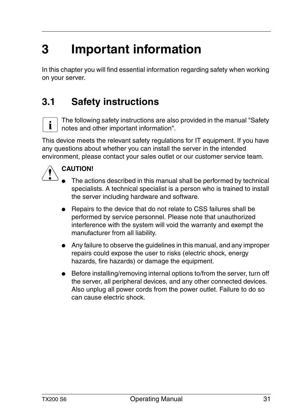 Important information, Safety instructions, Hapter | Important, 3important information, 1 safety instructions | FUJITSU Server TX200 S6 User Manual | Page 31 / 126