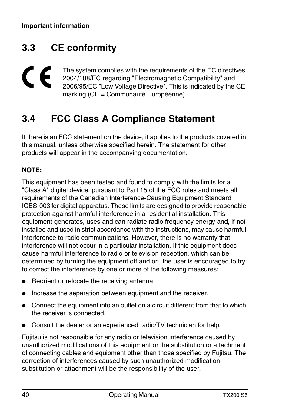 Ce conformity, Fcc class a compliance statement | FUJITSU Server TX200 S6 User Manual | Page 40 / 126