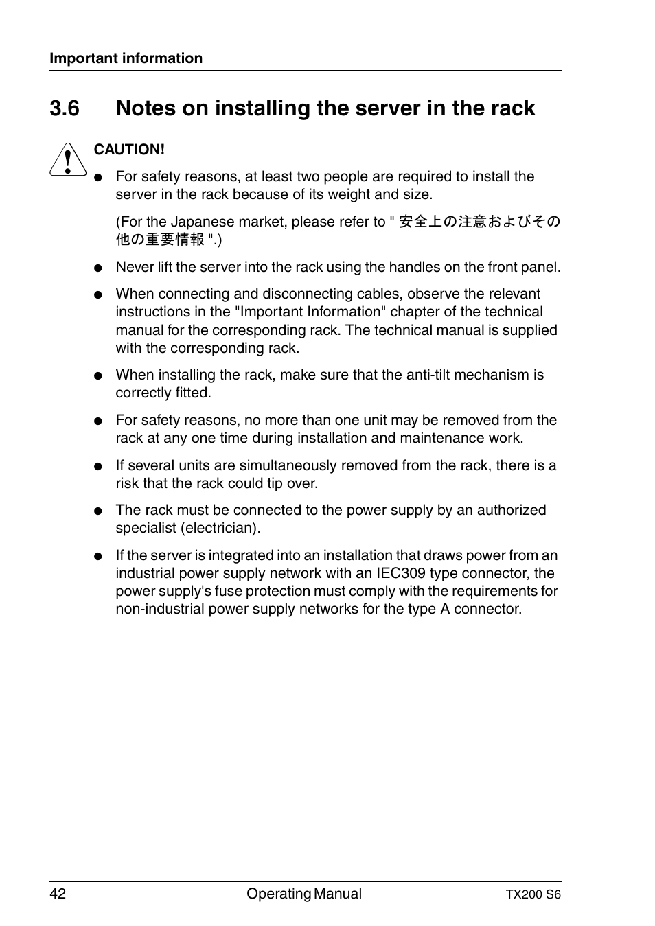 Notes on installing the server in the rack | FUJITSU Server TX200 S6 User Manual | Page 42 / 126