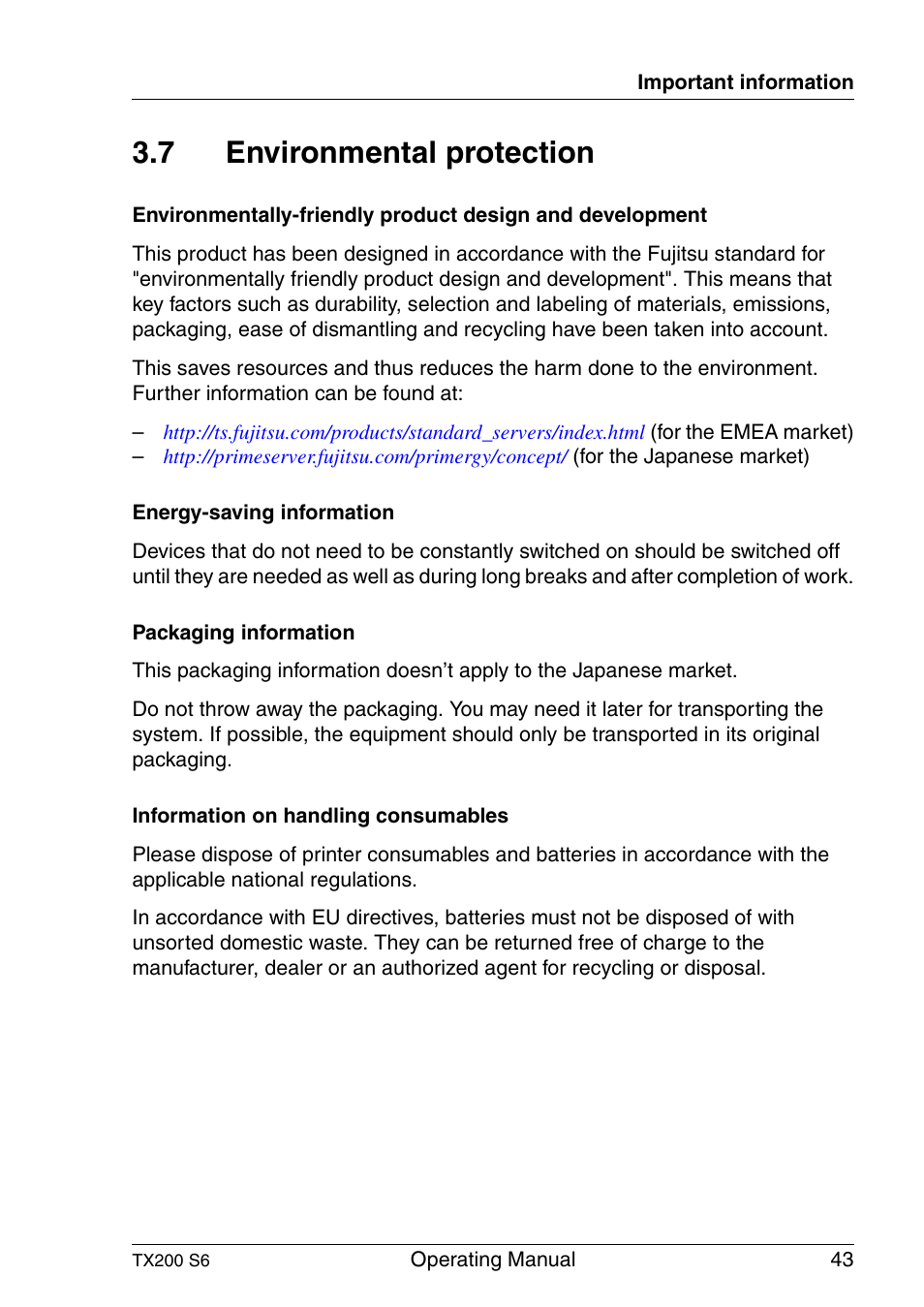 Environmental protection, 7 environmental protection | FUJITSU Server TX200 S6 User Manual | Page 43 / 126