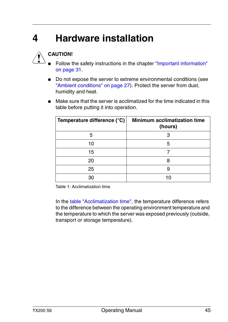 Hardware installation, 4hardware installation | FUJITSU Server TX200 S6 User Manual | Page 45 / 126