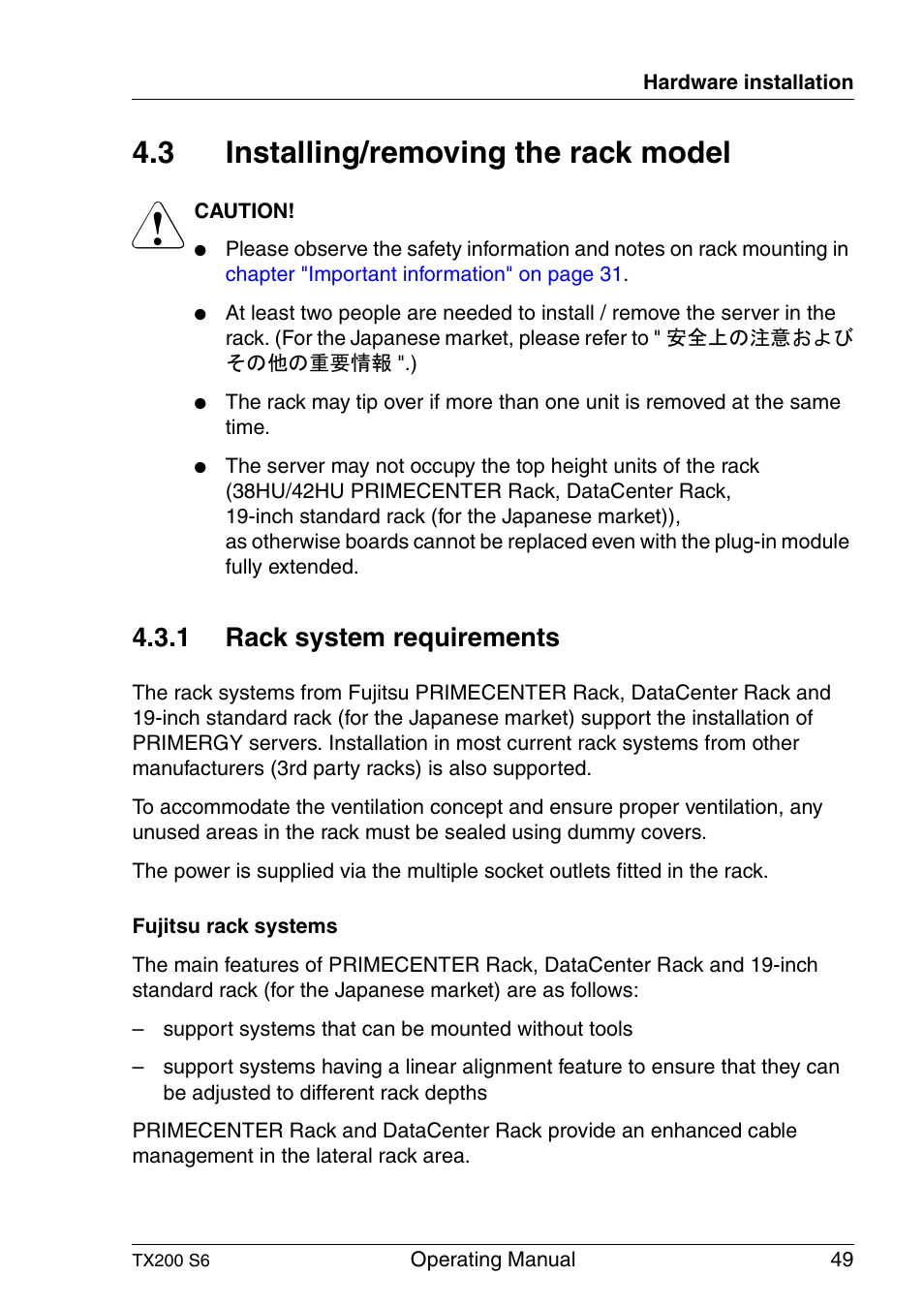 Installing/removing the rack model, Rack system requirements, Section "installing/removing the rack | 3 installing/removing the rack model, 1 rack system requirements | FUJITSU Server TX200 S6 User Manual | Page 49 / 126