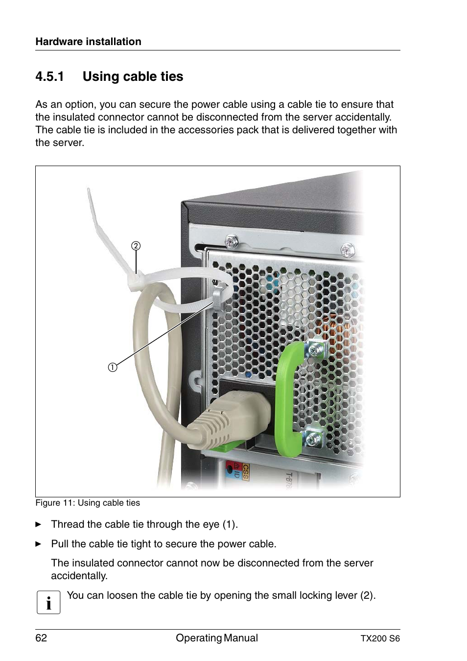 Using cable ties, 1 using cable ties | FUJITSU Server TX200 S6 User Manual | Page 62 / 126
