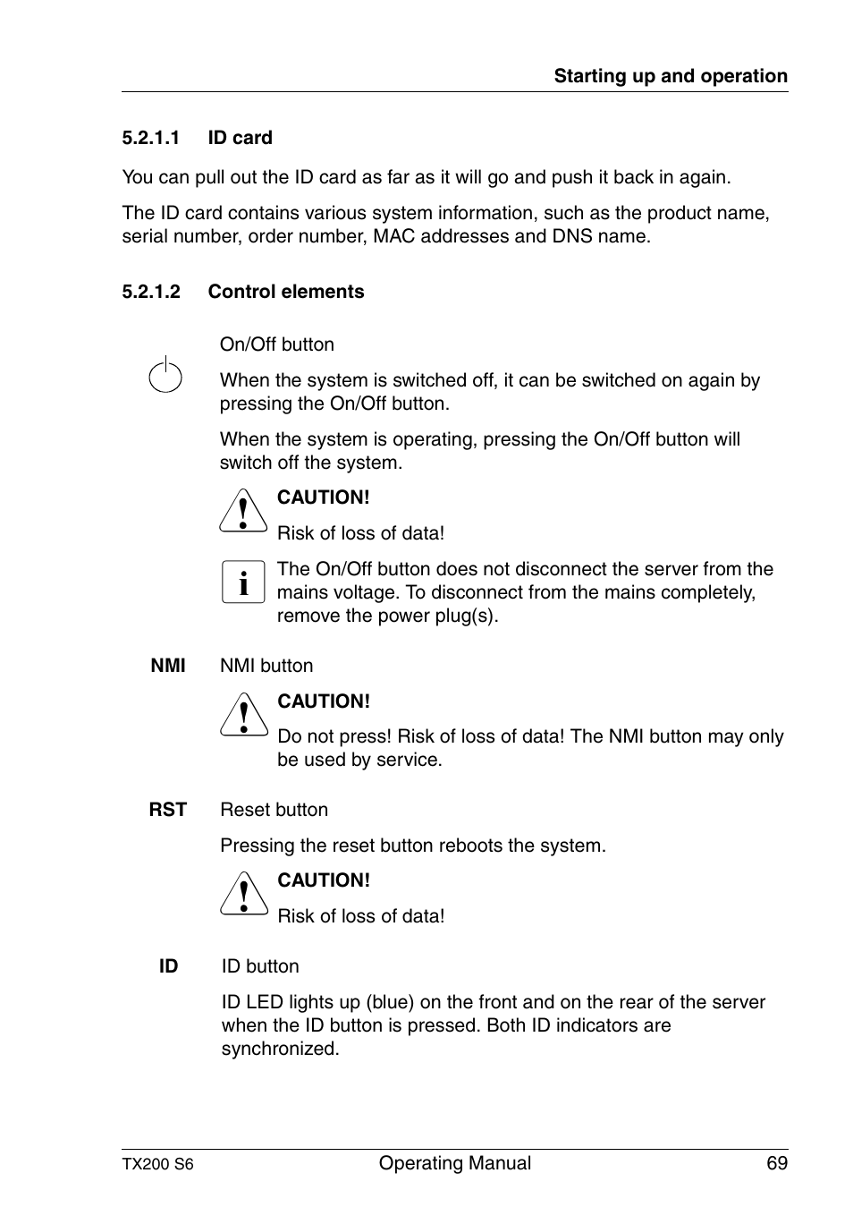 Id card, Control elements | FUJITSU Server TX200 S6 User Manual | Page 69 / 126