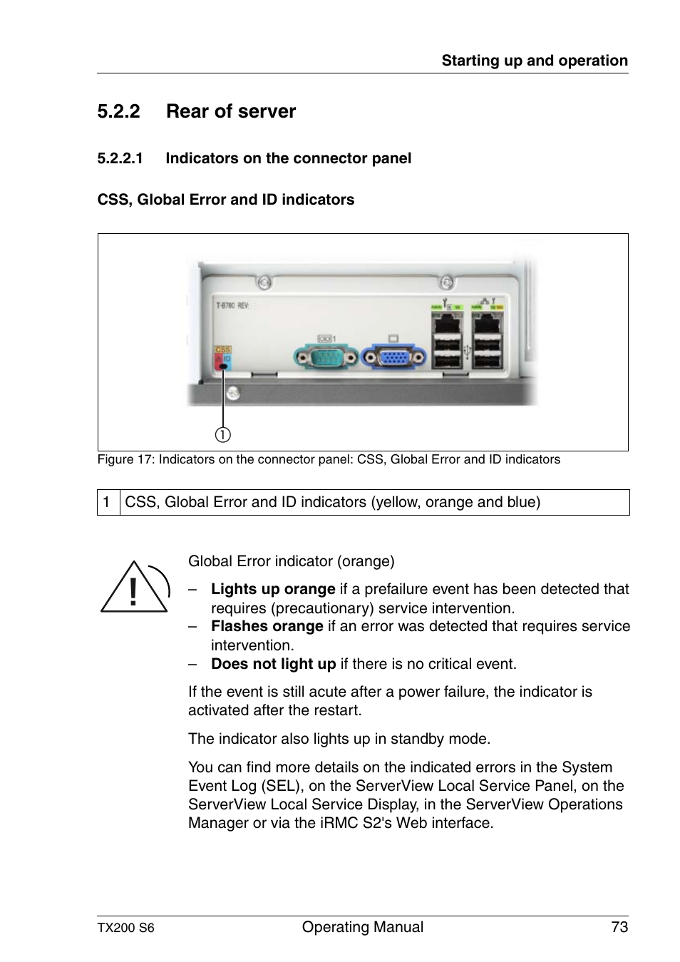 Rear of server, Indicators on the connector panel, Section "rear of server" on | 2 rear of server | FUJITSU Server TX200 S6 User Manual | Page 73 / 126