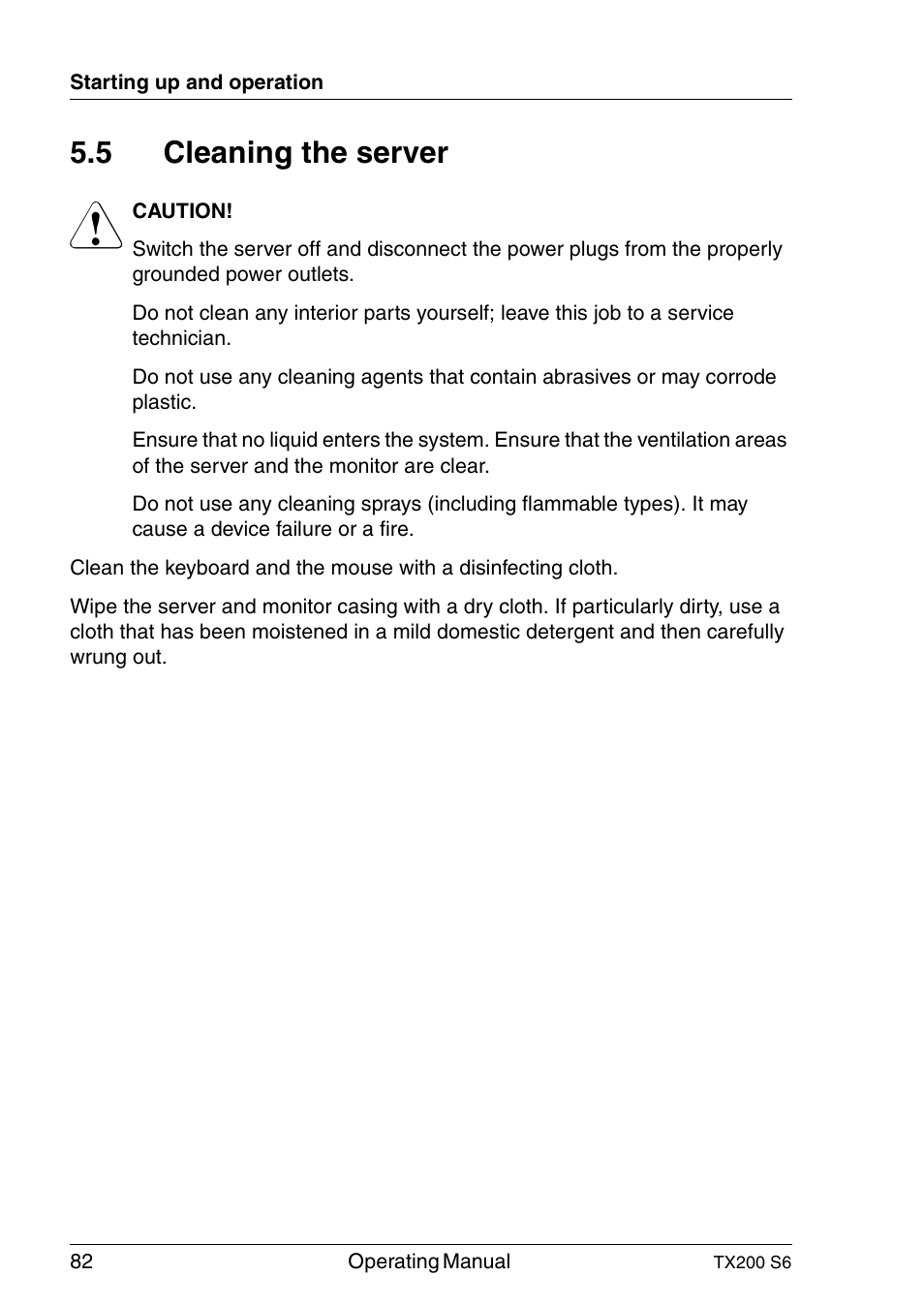 Cleaning the server, 5 cleaning the server | FUJITSU Server TX200 S6 User Manual | Page 82 / 126