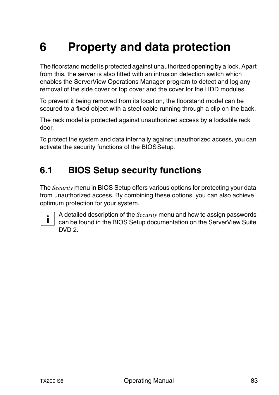 Property and data protection, Bios setup security functions, 6property and data protection | 1 bios setup security functions | FUJITSU Server TX200 S6 User Manual | Page 83 / 126