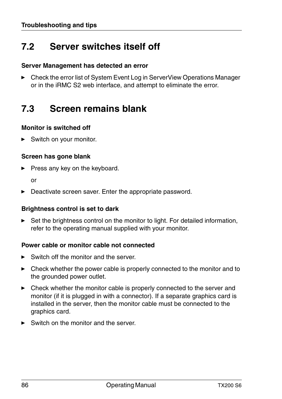 Server switches itself off, Screen remains blank, 2 server switches itself off | 3 screen remains blank | FUJITSU Server TX200 S6 User Manual | Page 86 / 126