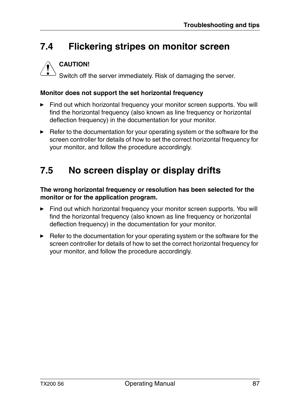 Flickering stripes on monitor screen, No screen display or display drifts, 4 flickering stripes on monitor screen | 5 no screen display or display drifts | FUJITSU Server TX200 S6 User Manual | Page 87 / 126